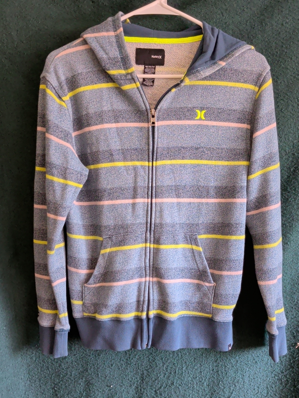 Hurley Men's Zip Hooded Sweater - Gray with Yellow & Pink Stripes